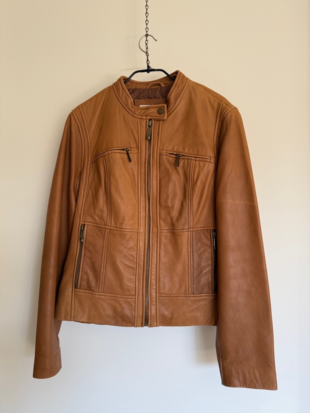 Michael Kors Cognac Brown Leather Zip Front Jacket